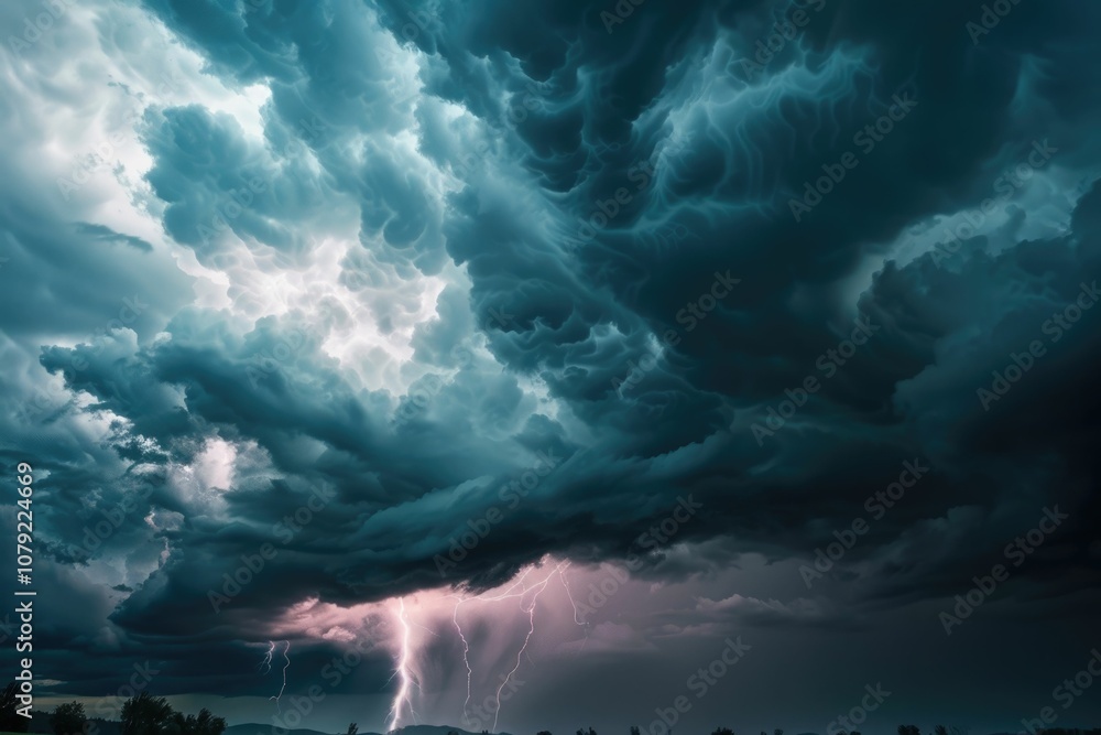 Poster thunderstorm with lightning and dark clouds