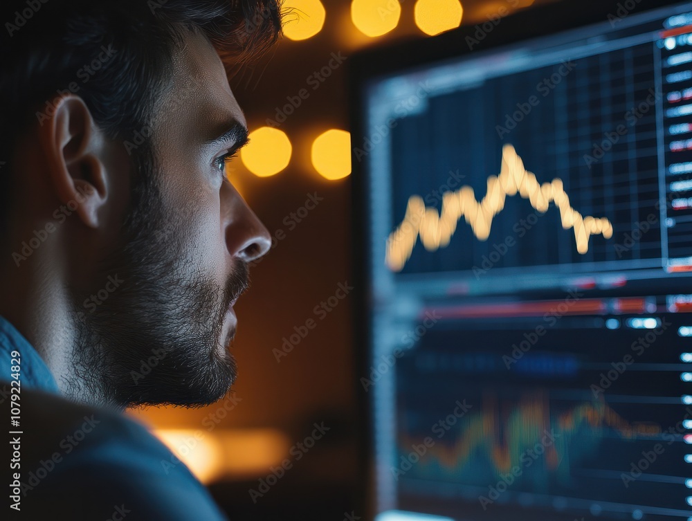 Poster stressed man looking at declining stock market graphs on a computer screen.