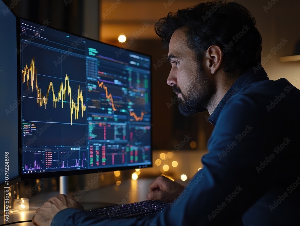 Poster stressed man looking at declining stock market graphs on a computer screen.