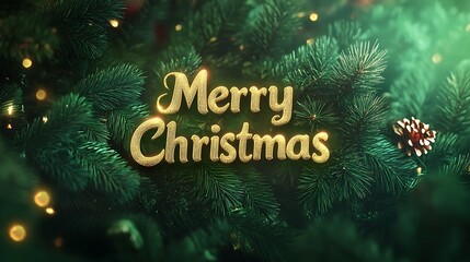 A bright green banner featuring "Merry Christmas" in elegant golden text, surrounded by pine leaves, creating a festive holiday vibe.