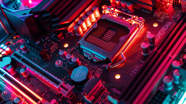 computer motherboard with a processor and colorful LED lights
