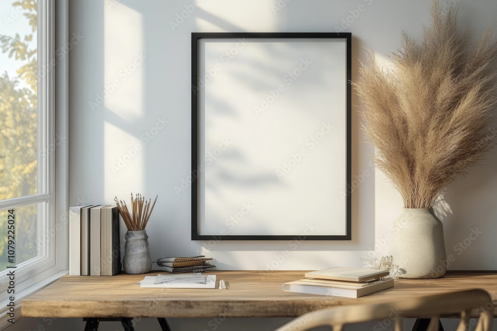 Poster sunlight streams through the window, illuminating a simple desk with a blank frame, books, and a vas