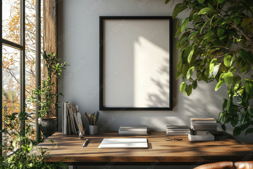 Poster sunlight streams through the window, casting long shadows on the desk and blank canvas. a perfect se