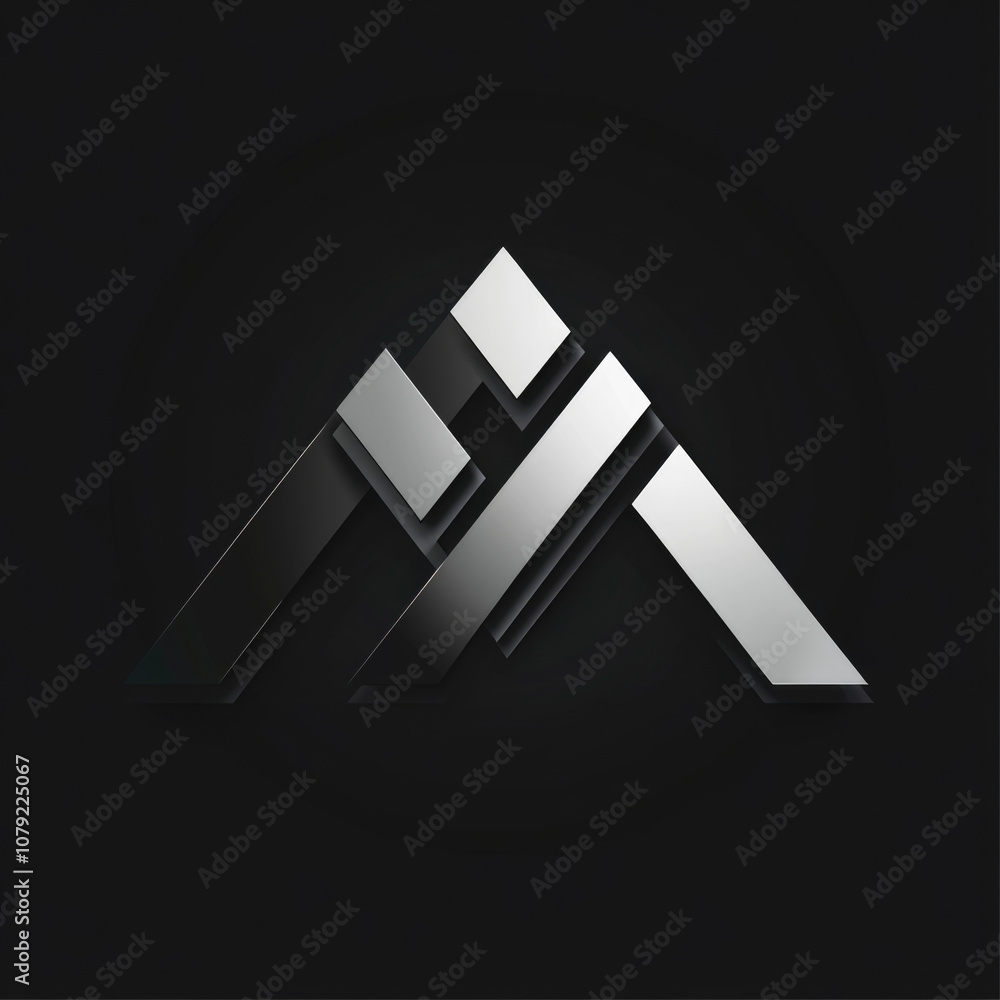 Poster a geometric abstract design with an array of silver shapes assembled to form a stylized mountain, se
