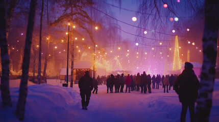 Outdoor Winter Festival with Festive Lights and Joyful Crowds
