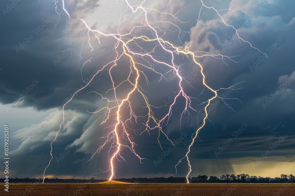 Poster a powerful lightning bolt strikes the ground in an open field below ominous clouds.