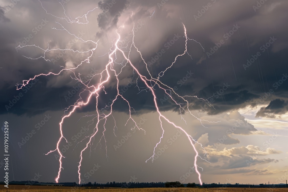 Poster a powerful lightning bolt strikes the ground in an open field below ominous clouds.