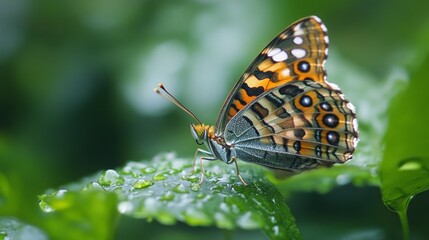 Obraz premium Colorful Butterfly Resting on a Green Leaf
