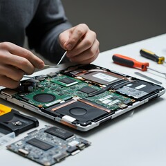 Technician repairing a laptop with tools on the table, captured in hyper-realistic 4K HDR detail. Close-up view of the open laptop, showing the intricate motherboard and components. Keywords: laptop r