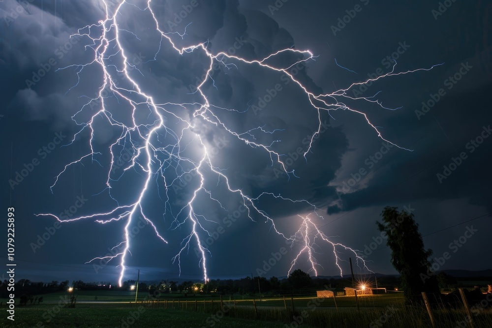 Poster multiple lightning strikes in rural setting at night.