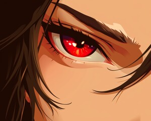 Fototapeta premium Close up Anime face with red eyes from cartoon. Web banner for anime, manga
