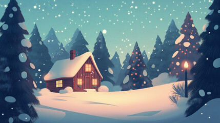 Cozy Cabin in a Snowy Landscape with Festive Lights