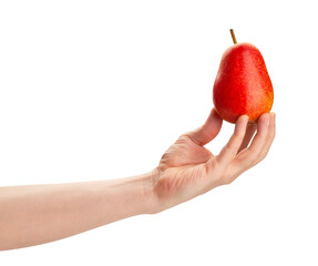 red pear in hand path isolated on white