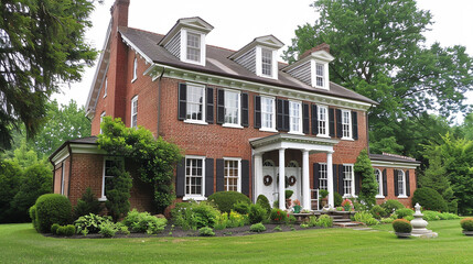 large, red brick house with a peaked roof