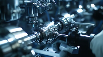 Fototapeta premium Precision Engineering in American Manufacturing - Close-Up of Technician Calibrating Machinery with Tools, Ultra-Detailed Scene