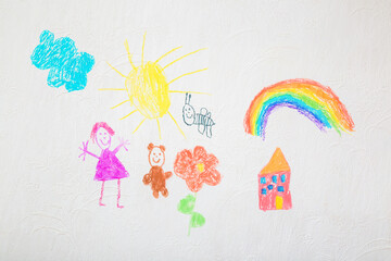 Drawn girl with bear, home, flower, bee sun, cloud and rainbow with colorful markers on white...