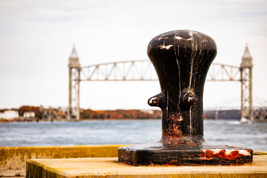 large boat cleat Mass Maritime Academy with Cape Cod Canal in the background 