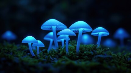 Fototapeta premium Illuminated mushroom growth enchanted forest nature photography dark environment close-up view bioluminescence concept