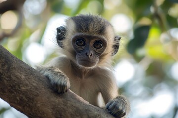 Fototapeta premium A cute baby monkey perched on the branch of a tree, with big curious eyes looking at the camera, soft-focus background.