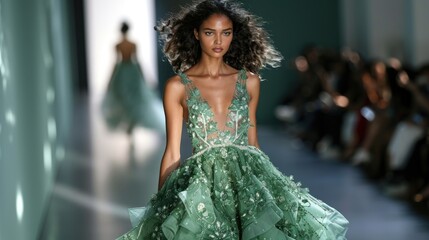 Fototapeta premium A beautiful model walks the runway in a stunning green gown with delicate floral embellishments.