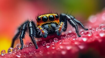 Jumping spider macro close-up with water droplets on pink surface