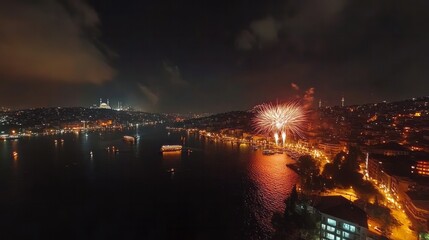 October 29th Turkish National Republic Day Celebration Fireworks Show Panoramic View 