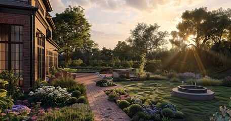 Obraz premium Brick house with a large backyard gardens at dusk, Generative AI.