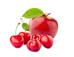 Red apple with leavf  on white background
