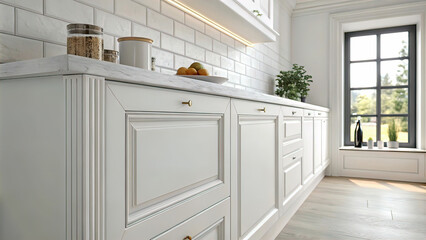 fragment of the model wall in a white minimalist interior of a home kitchen with a kitchen cabinet, a window