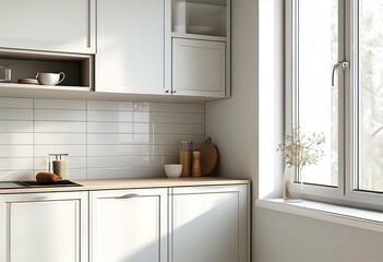 fragment of the model wall in a white minimalist interior of a home kitchen with a kitchen cabinet, a window
