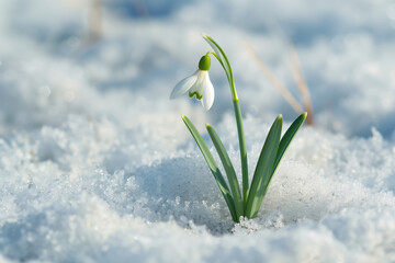 A snowdrop flower blooming in the middle of fresh white snow.