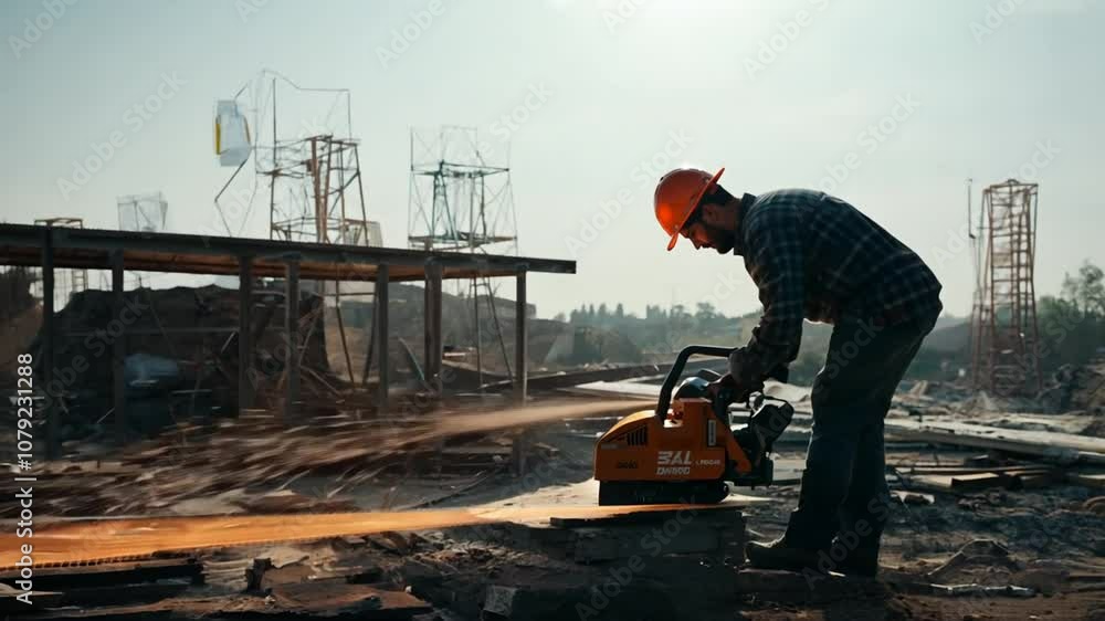 Poster worker cuts materials with a disk saw at a busy construction site generative ai
