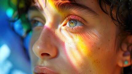 Surrounded by a spectrum of colors, an Asian student's reflective gaze captures the essence of her academic journey