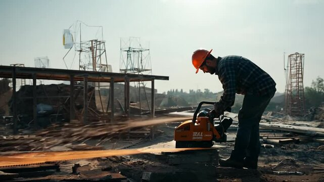 Worker Cuts Materials With a Disk Saw at a Busy Construction Site Generative AI