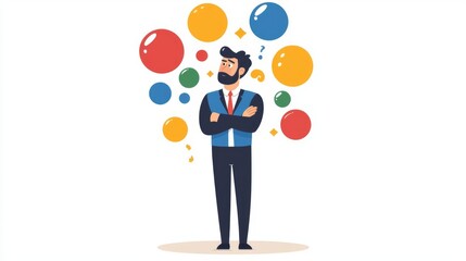 Thoughtful businessman with colorful ideas around.