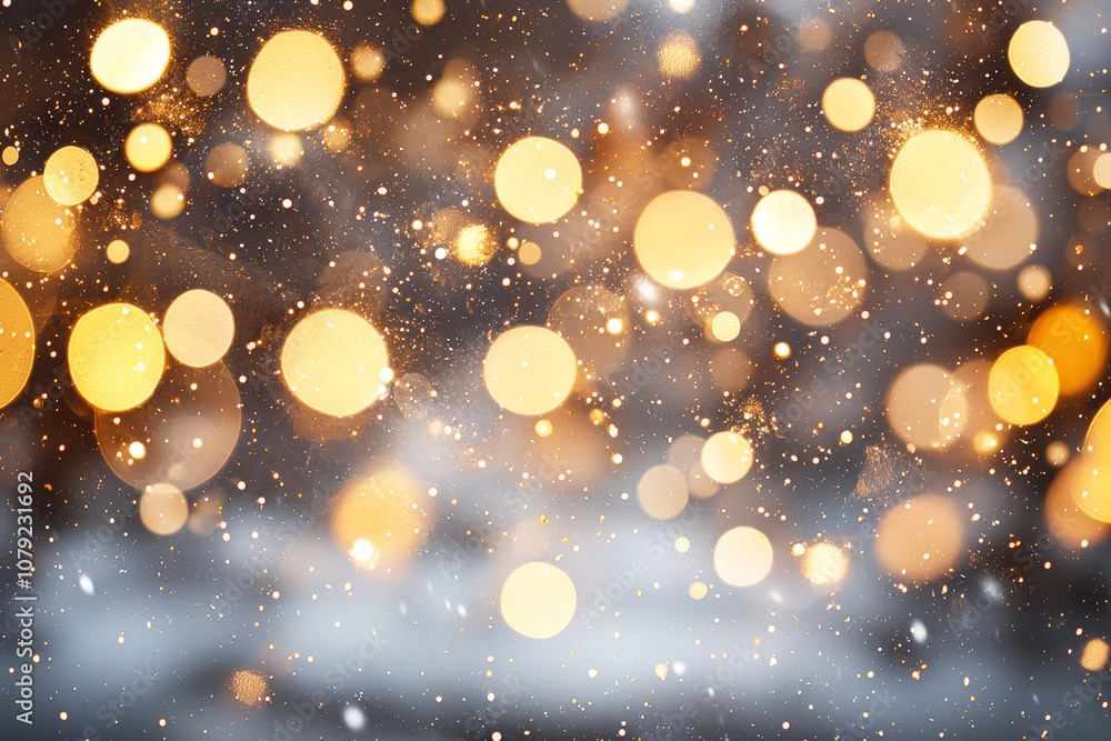 Poster golden bokeh lights sparkle softly in a dreamy snowy landscape, creating a warm and festive winter a