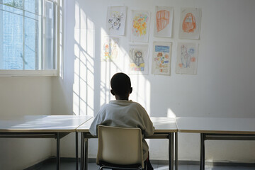 A child sits alone at a desk in a classroom, gazing thoughtfully at colorful drawings pinned on the wall illuminated by gentle sunlight pouring through the windows.