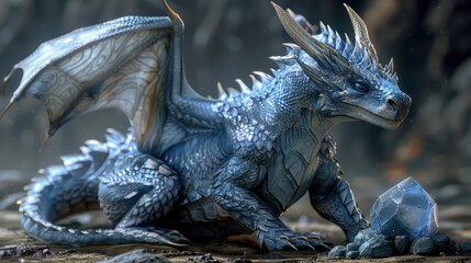 A blue dragon with large wings and horns sits next to a blue crystal in a dark, forest setting.