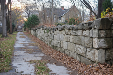 A stone wall on the side of a road in a residential neighborhood