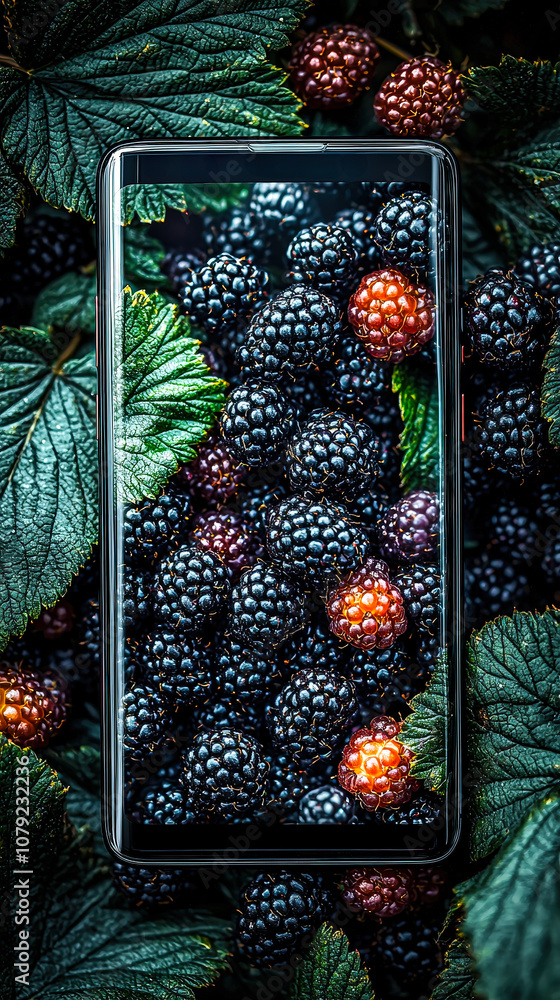 Poster the device showcases a close-up view of abundant blackberries, highlighting the contrast with lush f