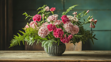 Fototapeta premium Vintage bouquet of carnations and ferns, retro style, wooden table, cozy lighting
