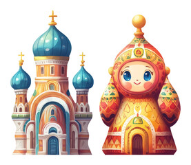 Obraz premium Colorful Traditional Russian Architecture and Doll