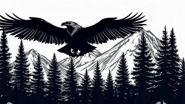 An eagle soars over a mountain range, with tall pine trees lining the base