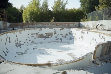 Demolition of a swimming pool revealing underlying structure and mosaic tiles