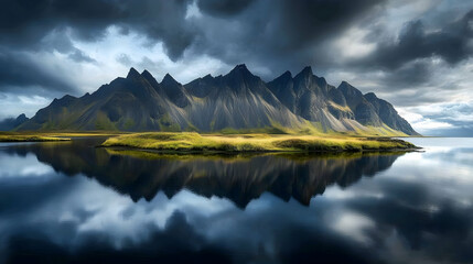 A mountain range reflected in a body of water with dark, cloudy skies creating a moody atmosphere . illustration