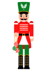Festive Red and Green Nutcracker Holding Set of Christmas Ball Illustration