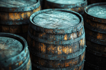 Fototapeta premium Several aged wooden barrels are closely arranged in a storage space with a rustic ambiance, showcasing their weathered texture