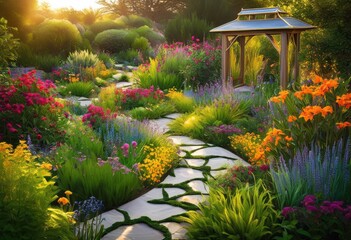 Obraz premium vibrant gardens innovative landscape designs featuring diverse colorful unique elaborate features stunning visual appeal, flowers, plants, trees, shrubs