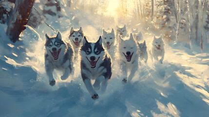 A pack of Huskies running through snow, symbolizing teamwork and adventure in a vibrant winter scene. high quality image