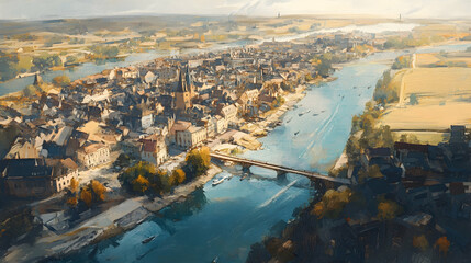 Fototapeta premium A painting of a city with a river running through it, showcasing urban beauty and natural flow. 4k image